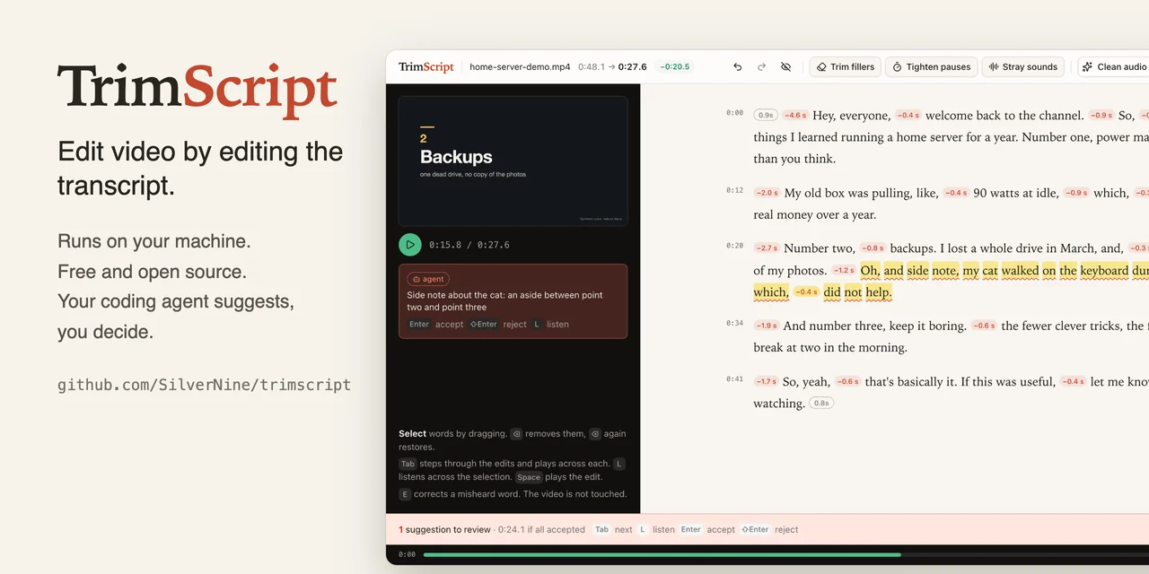 TrimScript - Edit video by editing the transcript. 녹취록 편집 화면과 에이전트 제안 카드